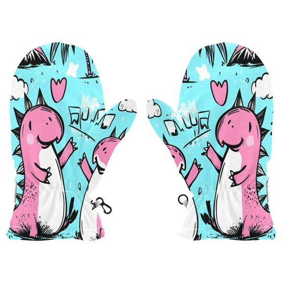 Cozy Kids Winter Gloves with Adjustable Fit,Cute Pink Dinosaur Perfect for Outdoor Fun