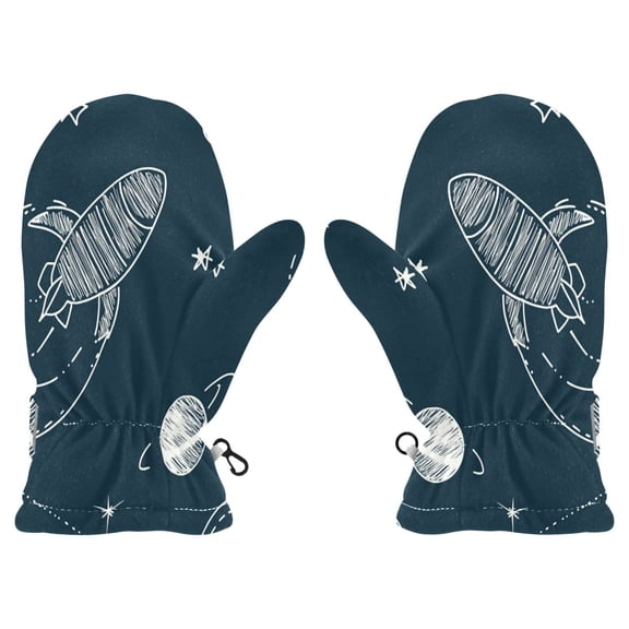 Cozy Kids Winter Gloves with Adjustable Fit,Rockets and Planets Pattern Perfect for Outdoor Fun