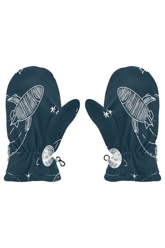 Cozy Kids Winter Gloves with Adjustable Fit,Rockets and Planets Pattern Perfect for Outdoor Fun