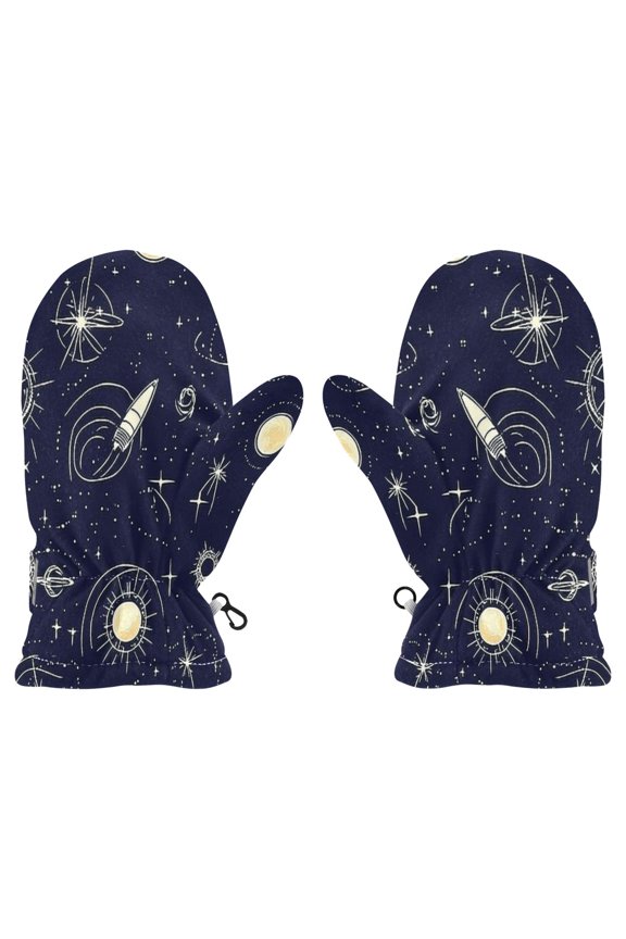Cozy Kids Winter Gloves with Adjustable Fit,Space Themed Pattern Perfect for Outdoor Fun