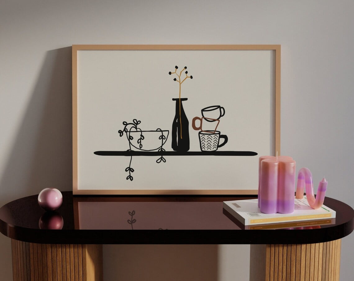 minimalist kitchen prints: line art botanical & still... Cozy Kitchen Print • Organic Floral Plants Line Art • Horizontal Retro ...