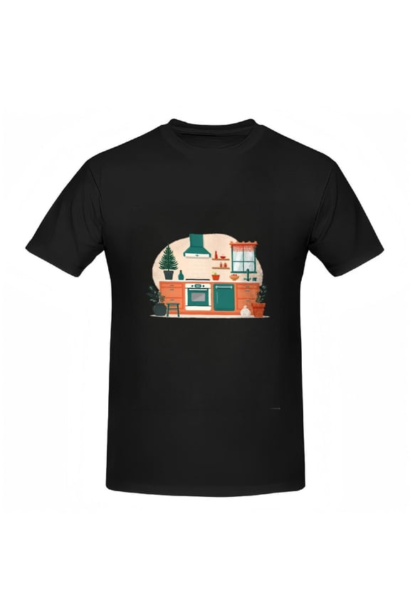 Cozy Kitchen Scene Cotton Short Sleeve T-Shirt for Women - Charming Potted Plants & Warm Brick Wall Design