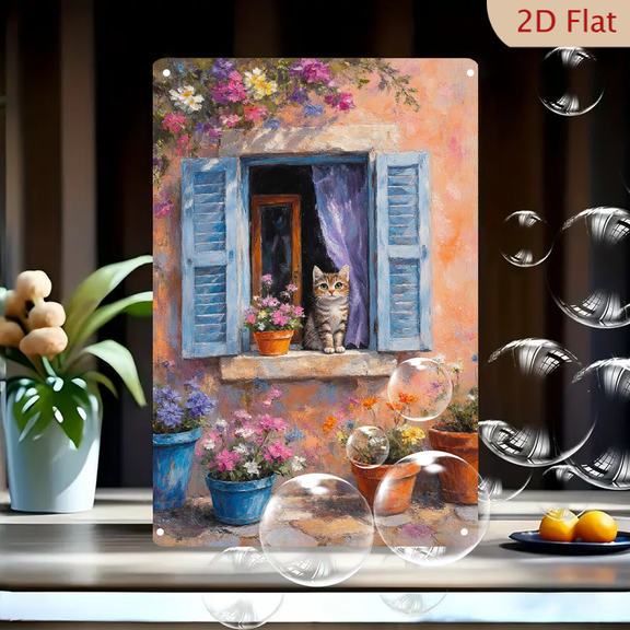 Cozy Kitten on Window Sill with Vibrant Flowers, 8x12 Inches Metal Wall Art, Impressionist Peach Orange Blue Scene, Charming Home Decor for Living Room