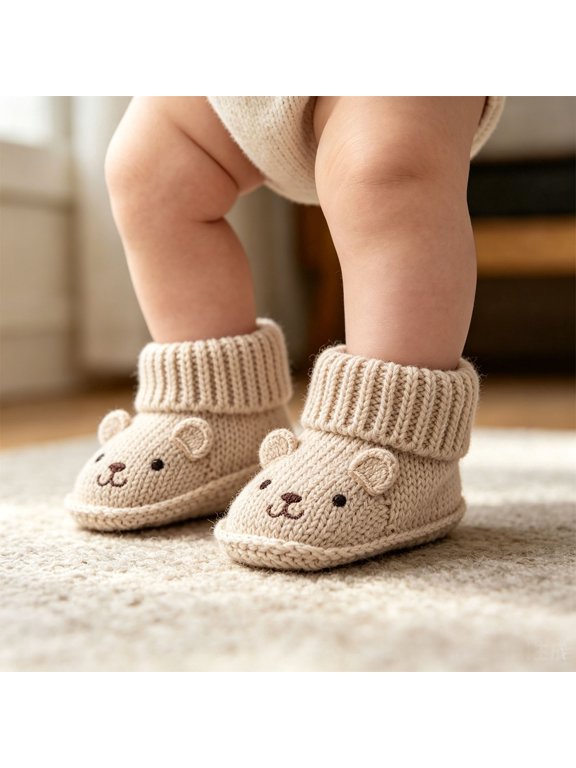Cozy Knit Cartoon Animal Baby Sneakers – Comfy Warm Soft Fit Baby Footwear – Essential Baby Clothing for Winter Indoor Outdoor (Age 0-3 Months)