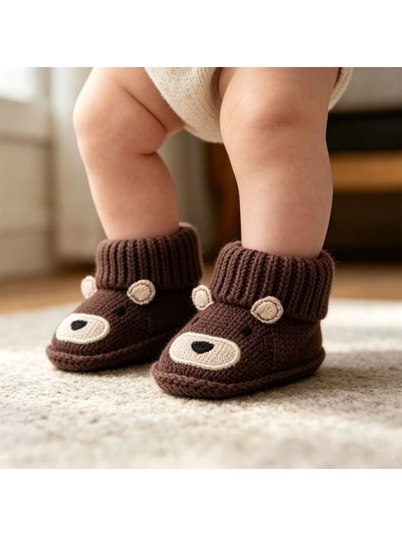 Cozy Knit Cartoon Animal Baby Sneakers – Comfy Warm Soft Fit Baby Footwear – Essential Baby Clothing for Winter Indoor Outdoor (Age 0-3 Months)