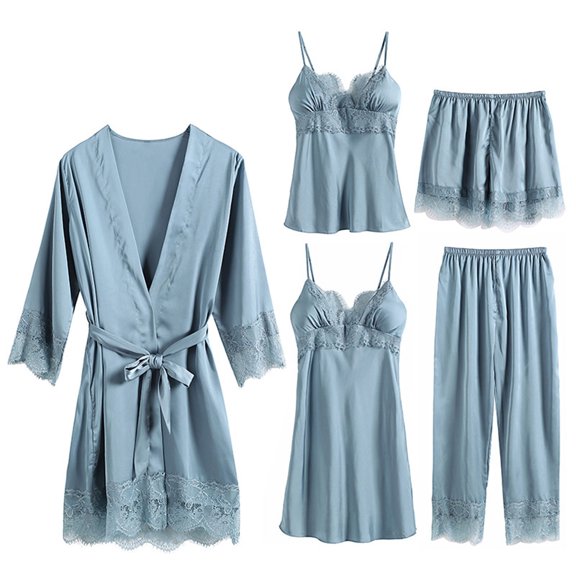 Cozy Knit Cotton Pajamas 5Pcs Satin Robes Silk Bathrobe 3/4 Sleeve Robes Soft Silky Sleepwear Blue Xl