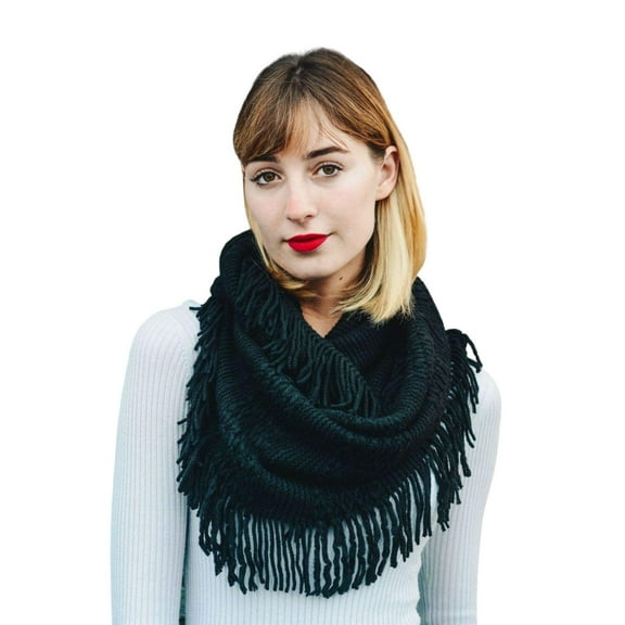 Cozy Knit Tassel Scarfs Pointelle Fringe Infinity Scarf Warm Fashion Cozy Loop Fall Winter Shawl Wrap Women Stylish Scarves (Black)