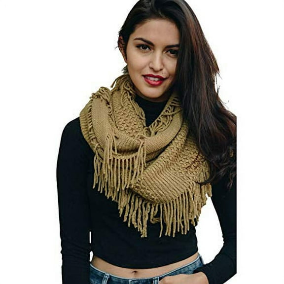 Cozy Knit Tassel Scarfs Pointelle Fringe Infinity Scarf Warm Fashion Cozy Loop Fall Winter Shawl Wrap Women Stylish Scarves (Mocha)