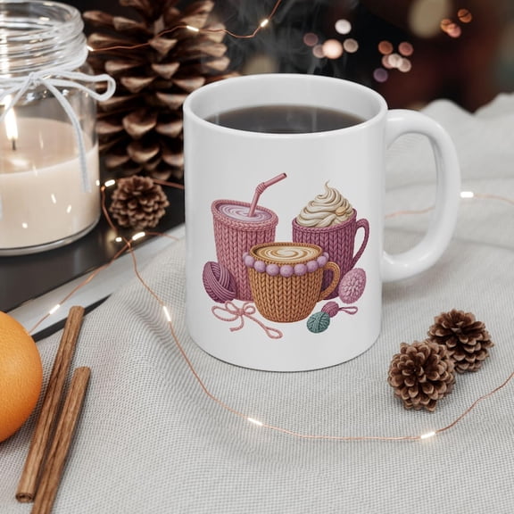 Cozy Knitted Coffee Mug, Faux Knit Beverage Coffee Cup, Hygge Aesthetic Cozy Drink Mug, Double Sided Ceramic Mug