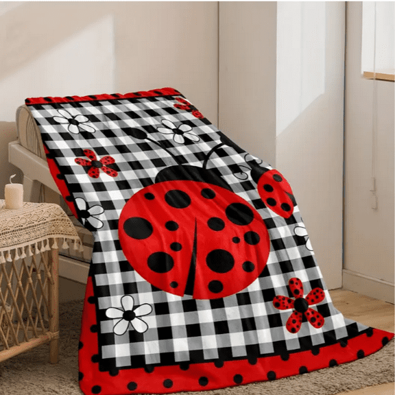 Cozy Ladybug Print Flannel Throw Blanket Soft Warm Versatile for Couch Office Bed Camping Travel Black White Red Design