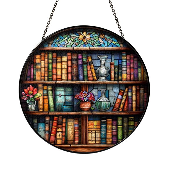 Cozy Library Bookshelf Round Stained Glass Suncatcher – Window Art