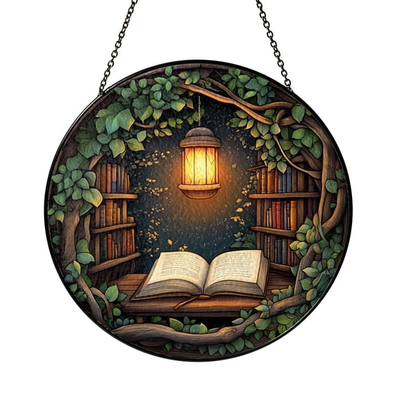 Cozy Library Scene Acrylic Window Decor – Stained Glass Style