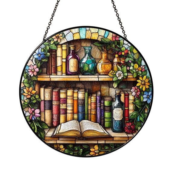 Cozy Library Scene Stained Glass Style Suncatcher – Round Window Hanging