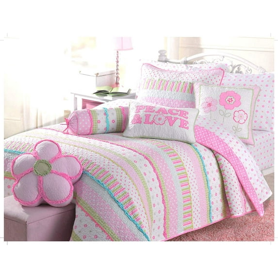 Cozy Line 3-Piece Pink Greta Polka Dot Flower Girl cotton Reversible Quilt Bedding Set, Queen