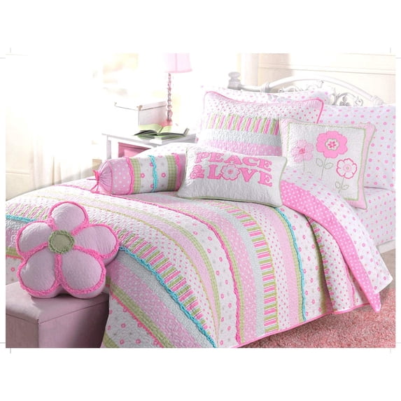 Cozy Line 5-Piece Pink Greta Polka Dot Flower Girl Cotton Reversible Quilt Bedding Set with Decorative Pillows, Twin