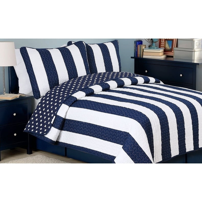 Navy and White Striped Cotton Full Quilt Set