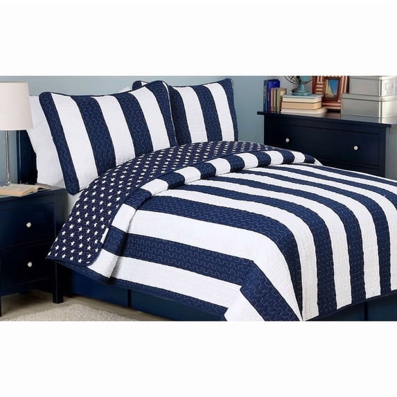 Cozy Line Ameristar Sailor Star Stripe Reverisble Cotton Quilt Set Full - Queen 3 Piece