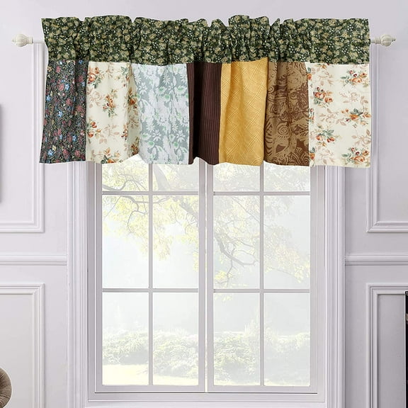 Cozy Line Andy Brown Olive Vintage Farmhouse Real Patchwork Rod Pocket Straight Window Valance, 16" x 56"