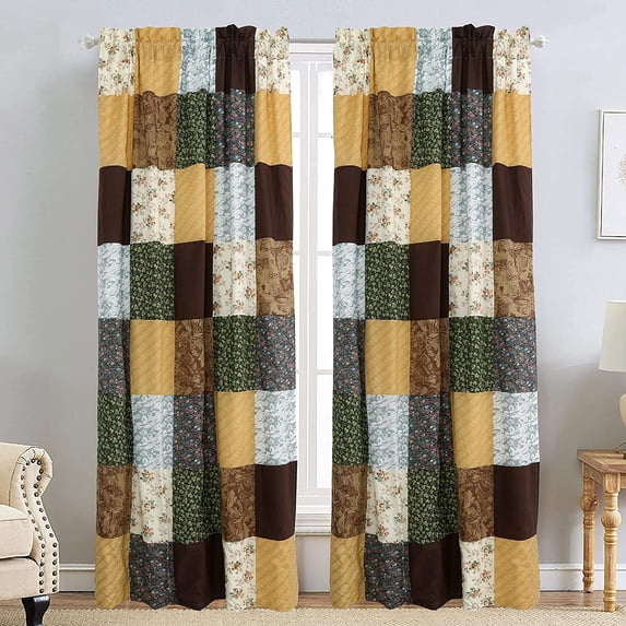 Cozy Line Andy Brown Olive Vintage Farmhouse Real Patchwork Window Curtains with Tie Backs Set, 84" x 50", 2 Panels