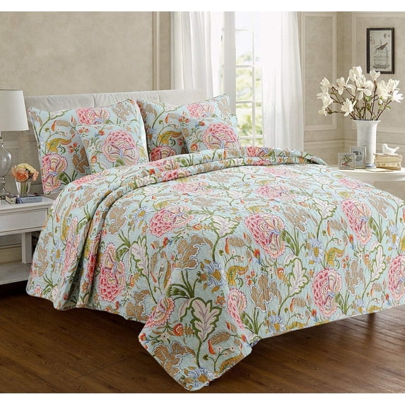 Cozy Line Aregada French Country Style Green Floral Cotton Quilt Set, Queen - Reversible (3 Count)