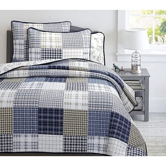 Cozy Line Benjamin Cute Dinosaur Plaid Printed Pattern Navy Blue White Grey Bedding Quilt Set (King - 3 Piece)
