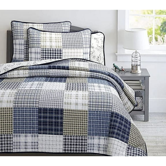 Cozy Line Benjamin Cute Dinosaur Plaid Printed Pattern Navy Blue White Grey Bedding Quilt Set (King - 3 Piece)