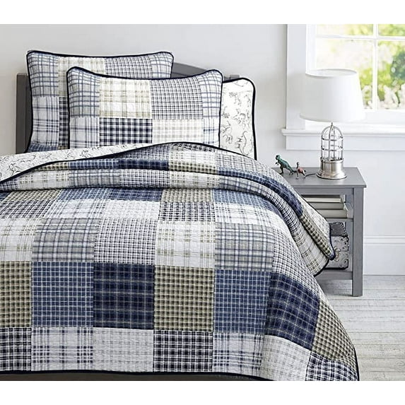 Cozy Line Benjamin Cute Dinosaur Plaid Printed Pattern Navy Blue White Grey Bedding Quilt Set (Queen - 3 Piece)