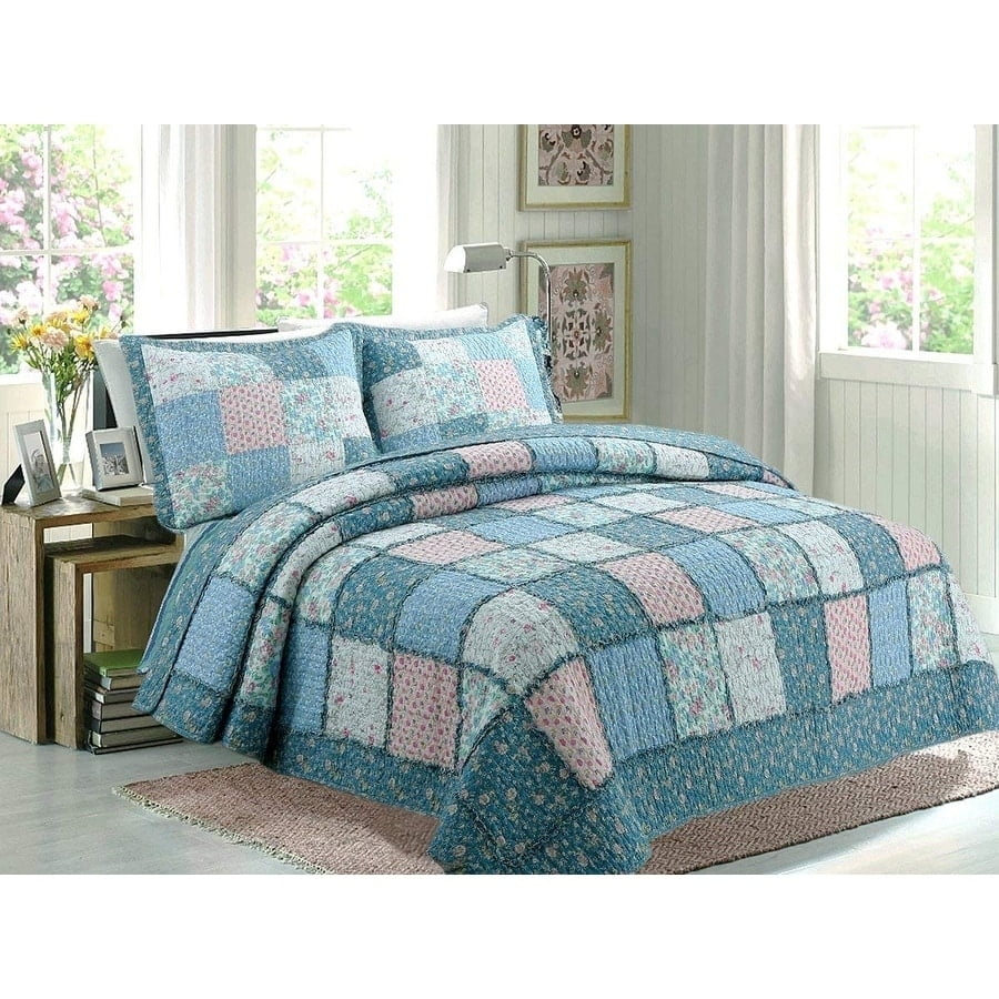 Blue and Pink Floral Patchwork Reversible Cotton Queen Quilt Set