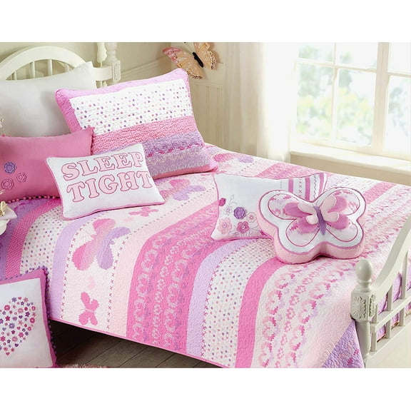 Cozy Line Cami Butterfly Knit Print Pink Purple Cotton Quilt Bedding Set, 3 Piece Queen