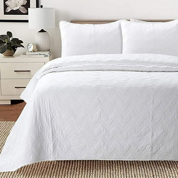Cozy Line Chevron Solid White 100% Cotton Quilt Bedding Set, 3 Piece King Set