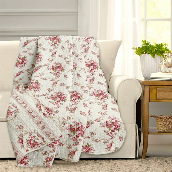 Cozy Line Cottage Vintage Rose Reversible 100% Cotton Quilted Throw Blanket