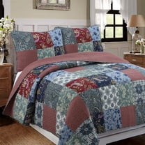 Cozy Line Country Blue Rose Floral Paisley Garden Cotton 3 Piece Patchwork Quilt Bedding Set