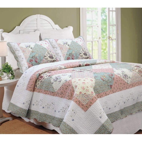 Cozy Line Country Cottage Floral Blue Pink Scalloped Edge Real Patchwork 100% Cotton 2-Piece Reversible Quilt Set, Twin
