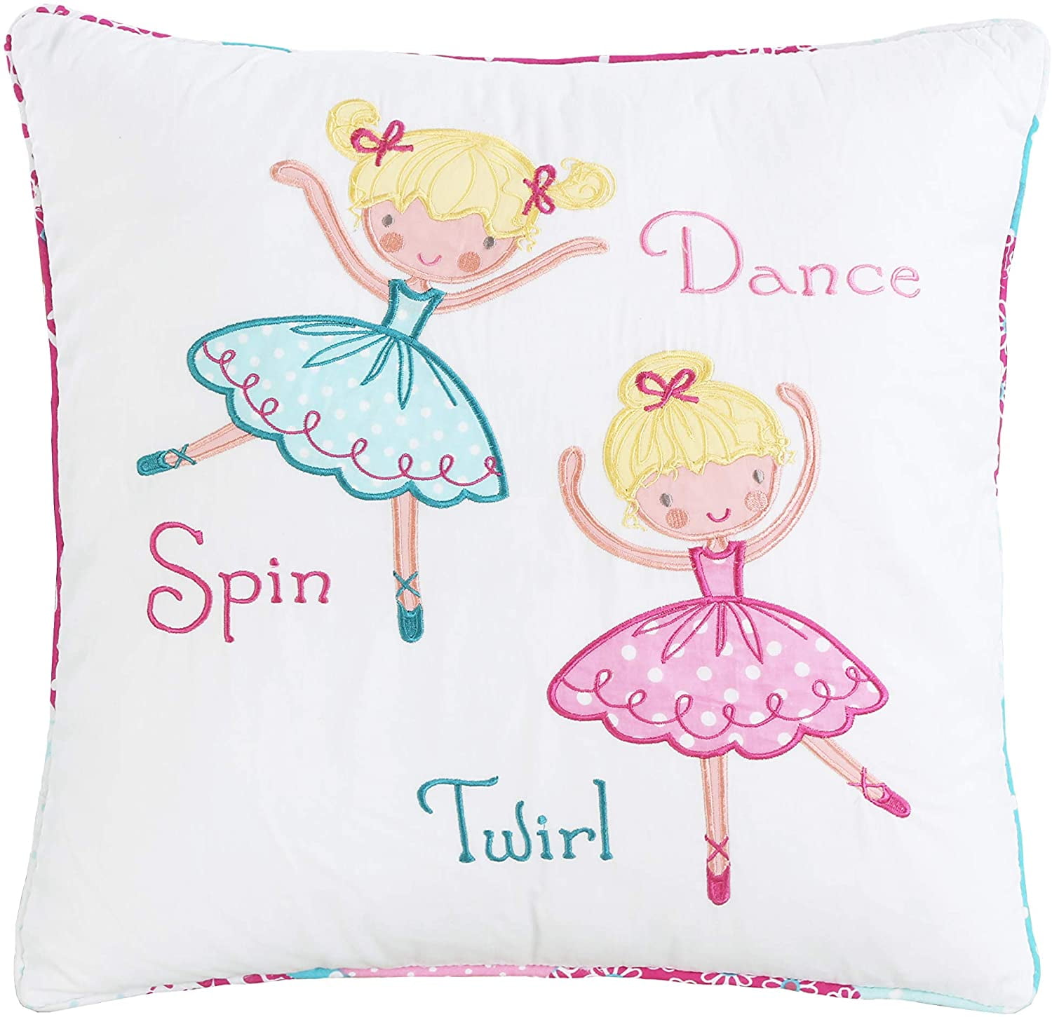 Embroidered Pink and Blue Ballerina Girls' Square Throw Pillow