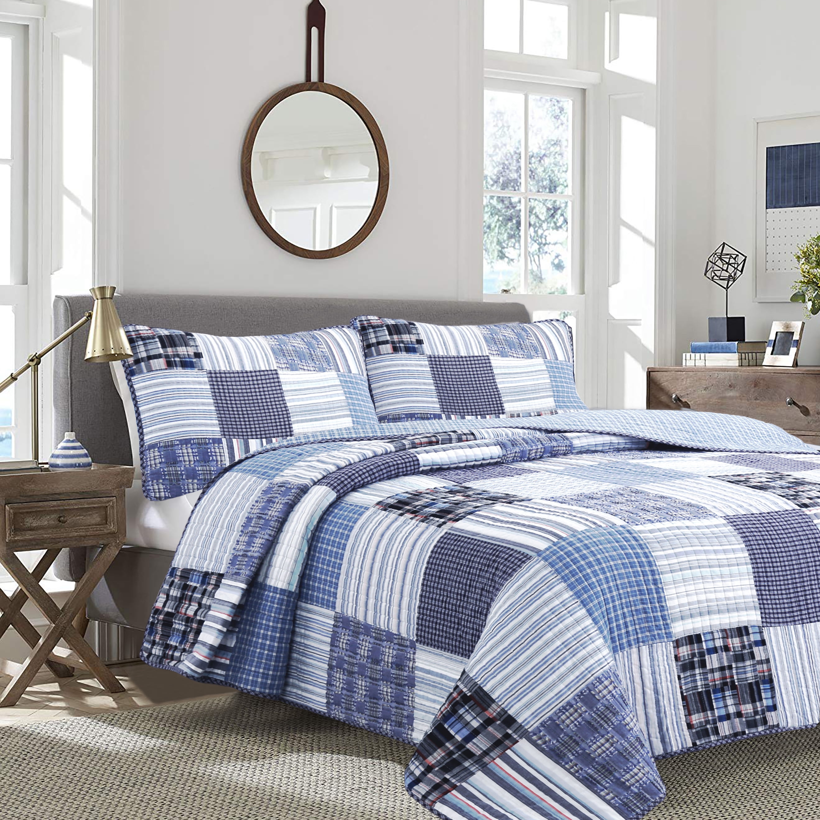 Cozy Line Daniel Denim Navy Blue Real Patchwork 100% Cotton 3-Piece Reversible Quilt Set, King