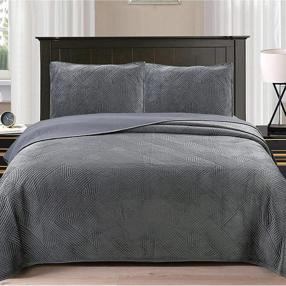 Cozy Line Dark Gray Velvet Basketweave Luxurious Velveteen Velour Super Soft Quilt Bedding Set, Queen