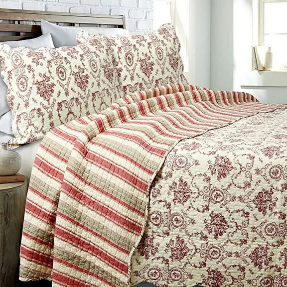 Cozy Line Home Fashions Red Toile Cotton Quilt Set, King - Reversible