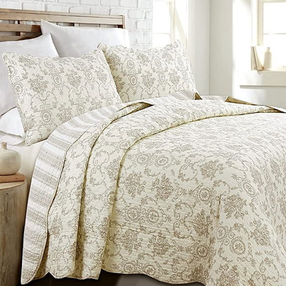 Cozy Line French Medallion Toile Ivory Tan 100% Cotton 3-Piece Quilt Set, Queen Set
