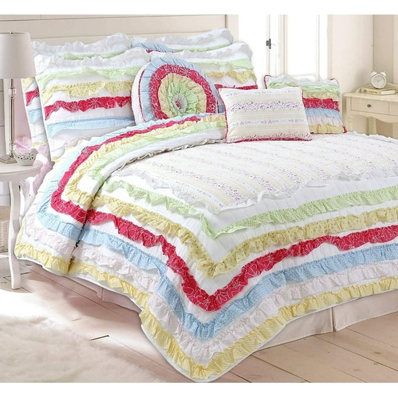 Cozy Line Genevieve Colorful Rainbow 3D Lace Stripe Ruffle 100% Cotton Reversible Quilt Bedding Set (Rainbow, Twin - 2 Piece)