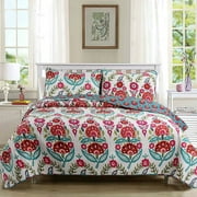 Cozy Line Home Fashions Fuchsia Pink Flowers Print Pattern 100% Cotton Reversible Quilt Set, Queen - 3 Piece