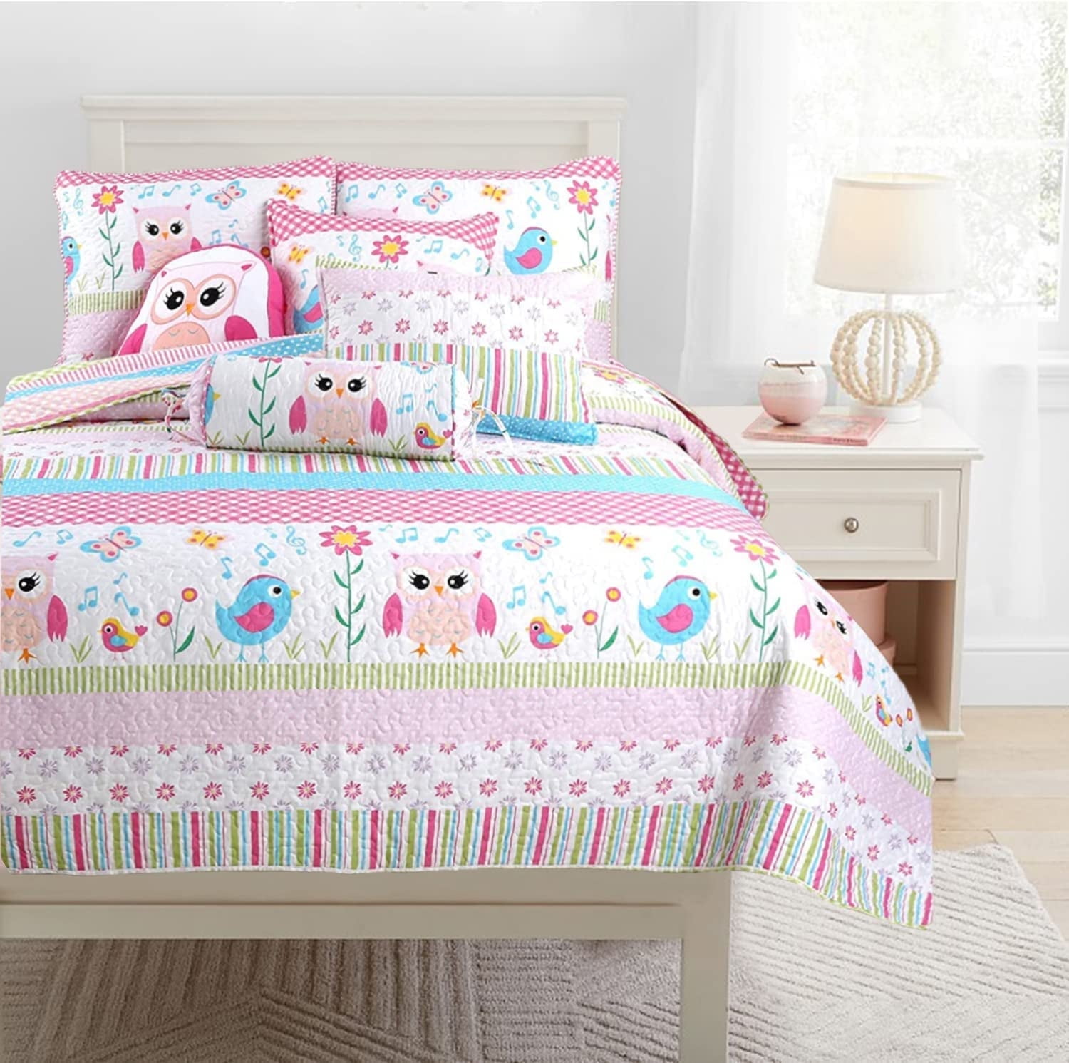 Cozy Line Happy Owl Pink Reversible Quilt Bedding Set, Coverlet, Bedspreads for Kids, Girls (Happy Owl, Queen - 3 Piece)
