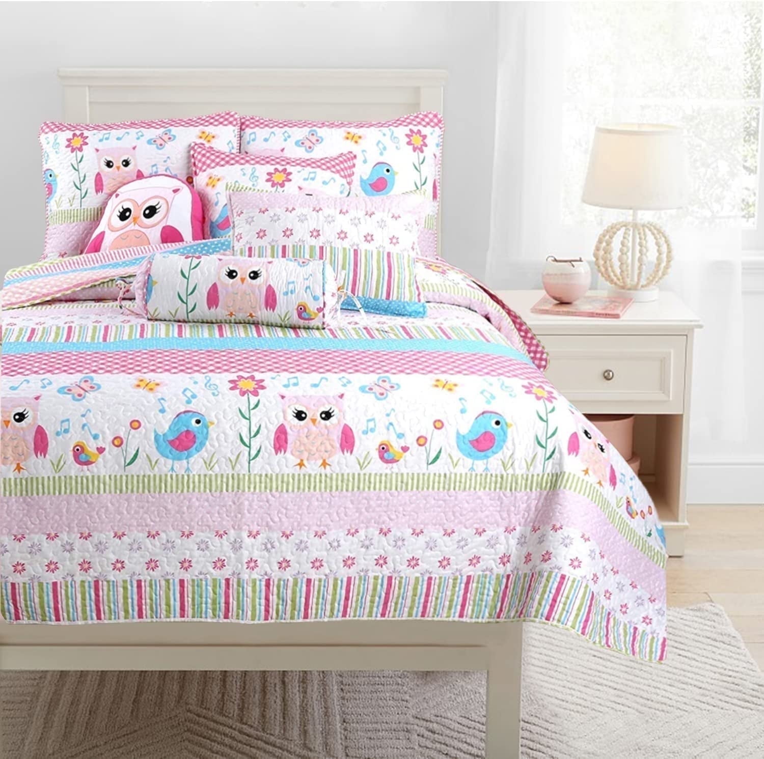 Cozy Line Happy Owl Pink Reversible Quilt Bedding Set, Coverlet, Bedspreads for Kids, Girls (Happy Owl, Twin - 2 Piece)
