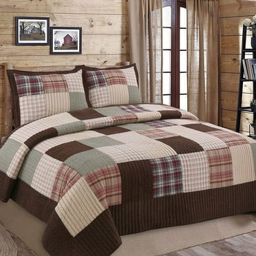 Cozy Line Heidi Chocolate Brown Plaid Grid Striped Real Patchwork 3-Piece Reversible Quilt Set, Queen Set