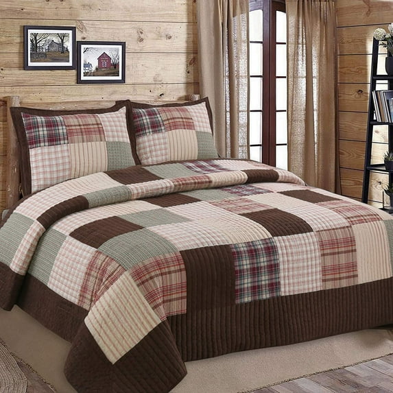 Cozy Line Heidi Chocolate Brown Plaid Grid Striped Real Patchwork 3-Piece Reversible Quilt Set, Queen Set