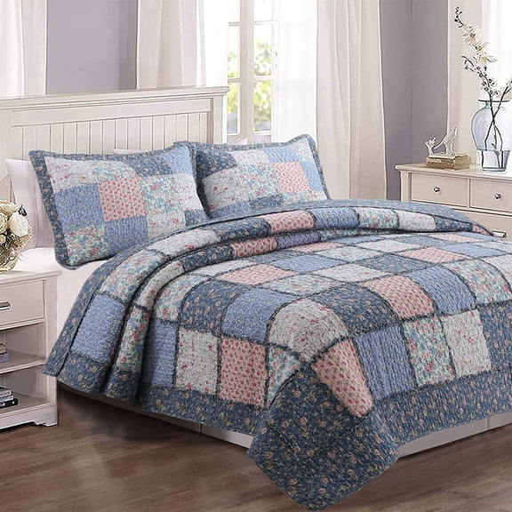 Cozy Line Home Fashions 100% Cotton Real Patchwork French Country Cottage Floral Reversible Quilt Bedding Set Coverlet Bedspread (Blue Pink, King-3 piece)