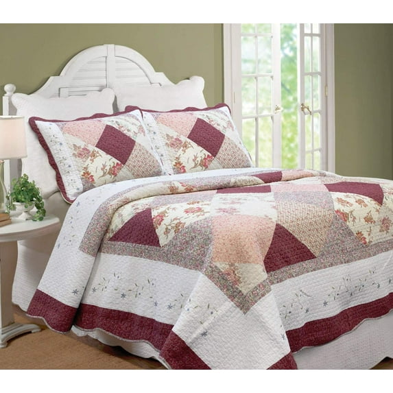 Cozy Line Home Fashions 3-Pieces Burgundy Red' Floral Scalloped Quilt Bedding Sets, Queen