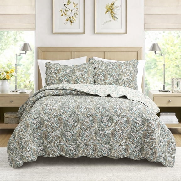 Cozy Line Home Fashions Aquamarine Turquoise Tan Brown Paisley 3 Piece Cotton Quilt Bedding Set