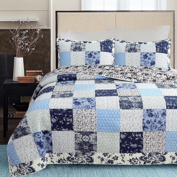 Cozy Line Home Fashions Azure Blue Floral Garden Patchwork 3 Piece King Cotton Quilt Bedding Set