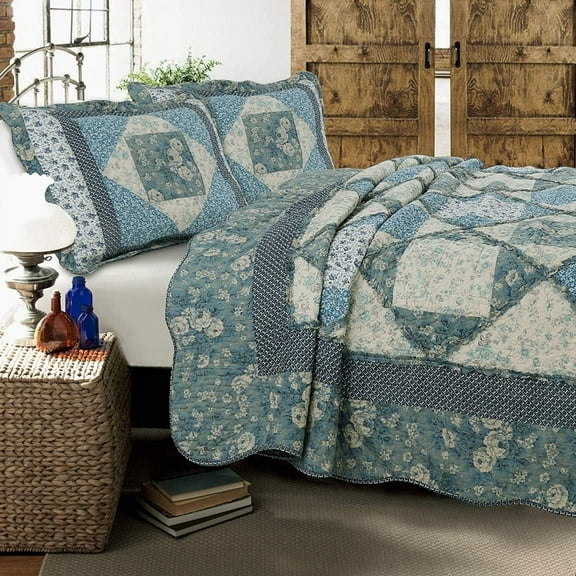 Cozy Line  Home Fashions Blue Monique Toile Floral Patchwork 3-piece Reversible Cotton Quilt Bedding Set Queen