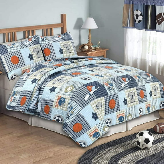 Cozy Line Home Fashions Blue Sports Baseball Basketball Soccer Ball Football Quilt Set Bedspread Coverlet for Boys/Kids (Sport, Twin - 2 Piece)
